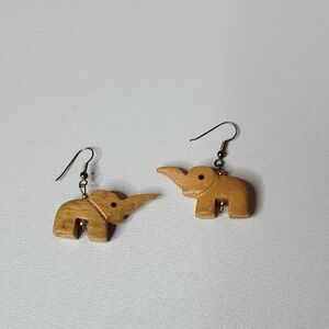 Wooden Carved Elephant Drop Dangle Earrings